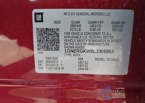 2020 Chevrolet Traverse Fwd Lt Cloth z USA, uszkodzony, nr VIN 1GNERGKW8LJ305953